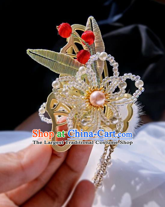 China Ming Dynasty Silk Bamboo Leaf Hairpin Traditional Hanfu Hair Accessories Ancient Princess Beads Plum Hair Stick