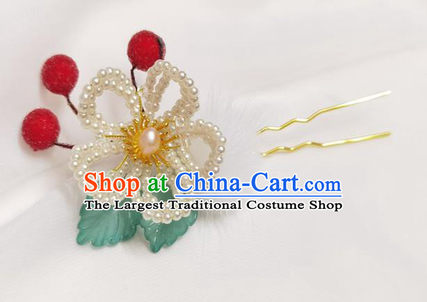China Ming Dynasty Red Berry Hairpin Traditional Hanfu Hair Accessories Ancient Princess Pearls Plum Hair Stick