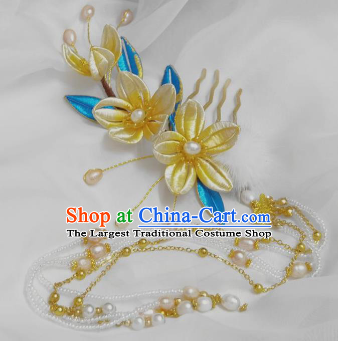 China Ming Dynasty Pearls Tassel Hairpin Traditional Hanfu Hair Accessories Ancient Princess Yellow Silk Flowers Hair Stick