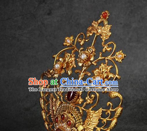 China Ancient Empress Golden Phoenix Hairpin Traditional Ming Dynasty Queen Agate Pearls Hair Crown