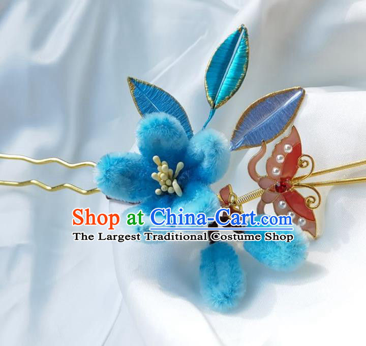 China Ming Dynasty Blue Velvet Plum Hairpin Traditional Hanfu Hair Accessories Ancient Princess Butterfly Hair Stick