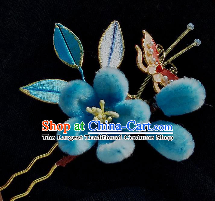 China Ming Dynasty Blue Velvet Plum Hairpin Traditional Hanfu Hair Accessories Ancient Princess Butterfly Hair Stick