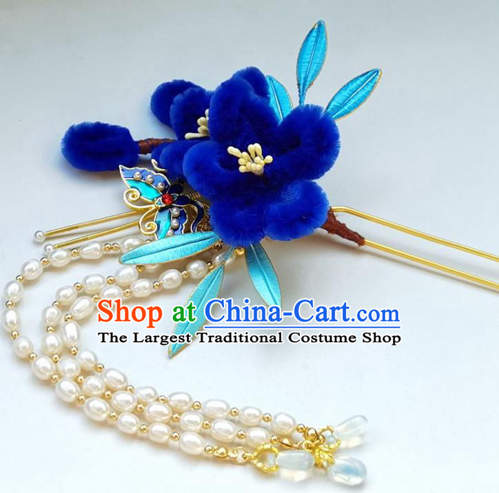 China Ming Dynasty Pearls Tassel Hairpin Traditional Hanfu Hair Accessories Ancient Princess Blue Velvet Plum Hair Stick