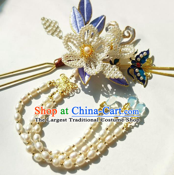 China Ming Dynasty Blueing Butterfly Hairpin Traditional Hanfu Hair Accessories Ancient Princess Pearls Tassel Hair Stick