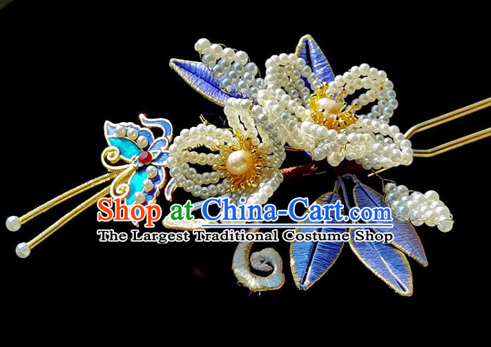 China Ming Dynasty Blueing Butterfly Hairpin Traditional Hanfu Hair Accessories Ancient Princess Pearls Tassel Hair Stick