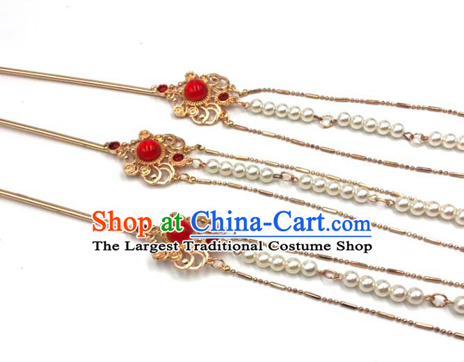 China Ancient Princess Pearls Tassel Hair Stick Traditional Hanfu Hair Accessories Ming Dynasty Golden Hairpin