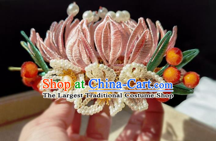 China Ming Dynasty Hairpin Traditional Hanfu Hair Accessories Ancient Princess Pink Silk Lotus Hair Crown