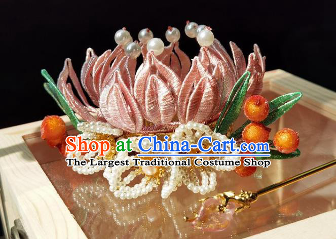 China Ming Dynasty Hairpin Traditional Hanfu Hair Accessories Ancient Princess Pink Silk Lotus Hair Crown