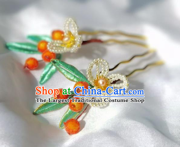 China Ming Dynasty Orange Berry Hairpin Traditional Hanfu Hair Accessories Ancient Princess Pearls Hair Stick