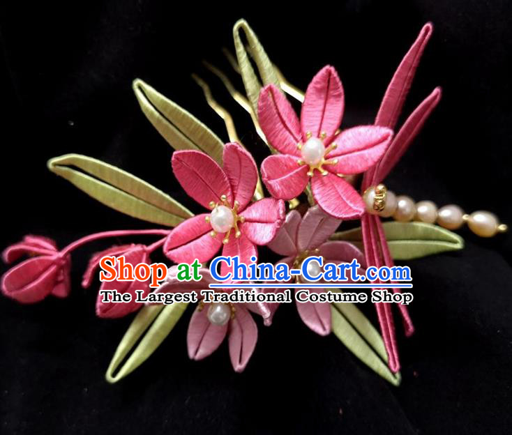 China Ming Dynasty Rosy Silk Flowers Hairpin Traditional Hanfu Hair Accessories Ancient Princess Pearls Dragonfly Hair Stick