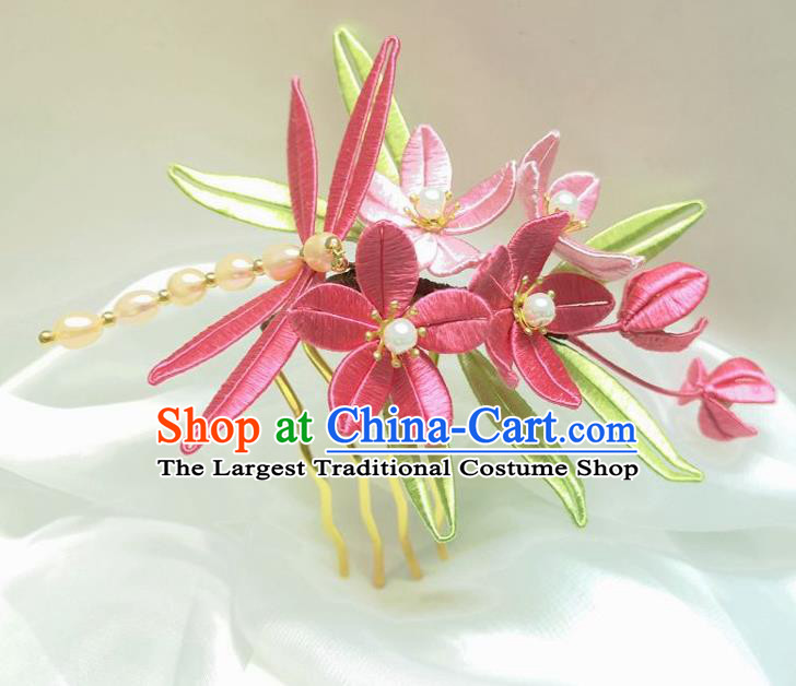 China Ming Dynasty Rosy Silk Flowers Hairpin Traditional Hanfu Hair Accessories Ancient Princess Pearls Dragonfly Hair Stick