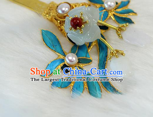 China Ancient Queen Orchids Hairpin Traditional Qing Dynasty Palace Jade Plum Pearl Hair Stick