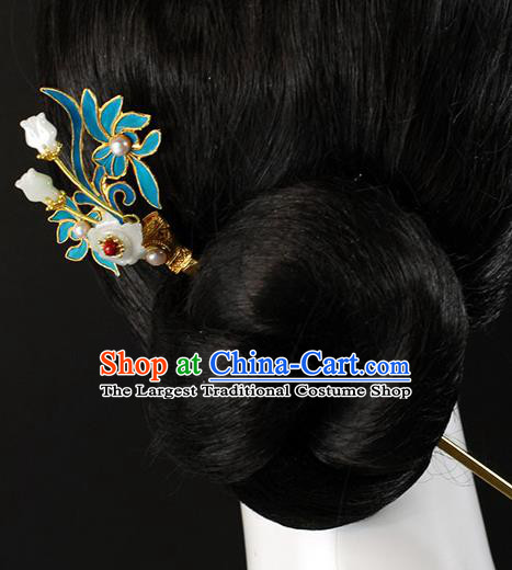 China Ancient Queen Orchids Hairpin Traditional Qing Dynasty Palace Jade Plum Pearl Hair Stick