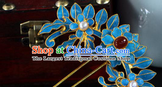 China Traditional Qing Dynasty Palace Agate Hair Stick Ancient Queen Blue Peony Hairpin