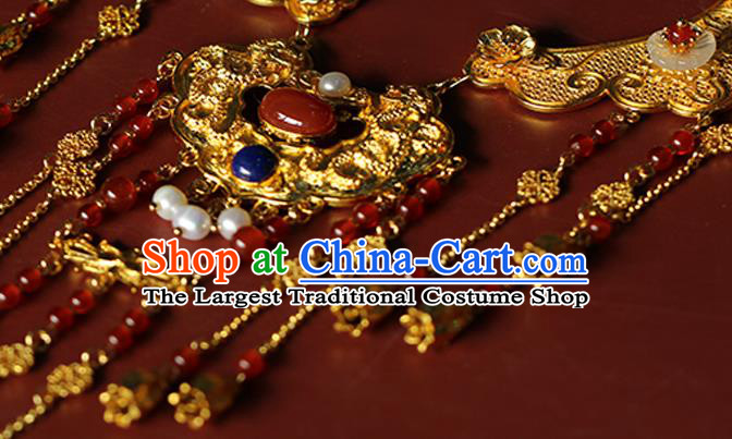 Chinese Traditional Wedding Agate Beads Necklace Ancient Princess Golden Tassel Necklet Accessories