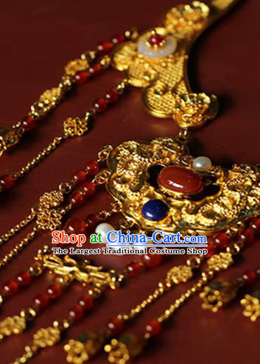 Chinese Traditional Wedding Agate Beads Necklace Ancient Princess Golden Tassel Necklet Accessories