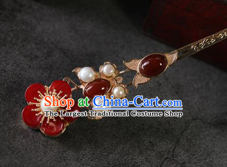 China Ancient Empress Pearls Hair Accessories Traditional Qing Dynasty Court Agate Plum Hairpin