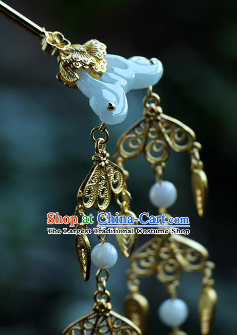 China Ancient Palace Lady Golden Tassel Hairpin Traditional Ming Dynasty Court Jade Hair Accessories