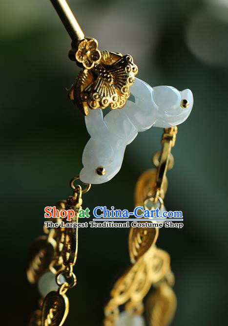 China Ancient Palace Lady Golden Tassel Hairpin Traditional Ming Dynasty Court Jade Hair Accessories