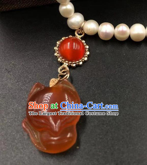 Chinese Traditional Agate Fox Necklace Classical Cheongsam Pearls Accessories