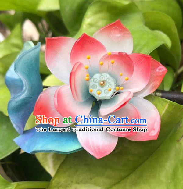 China Ancient Palace Lady Pink Lotus Hairpin Traditional Qing Dynasty Court Ebony Hair Stick