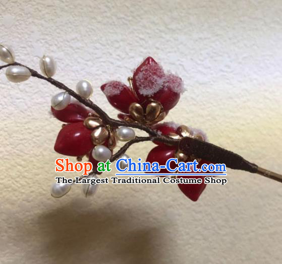 China Ancient Princess Red Plum Blossom Hairpin Traditional Ming Dynasty Pearls Hair Stick