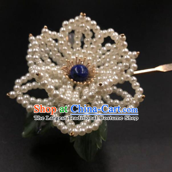 China Ancient Princess Pearls Peony Hairpin Traditional Ming Dynasty Lapis Hair Stick