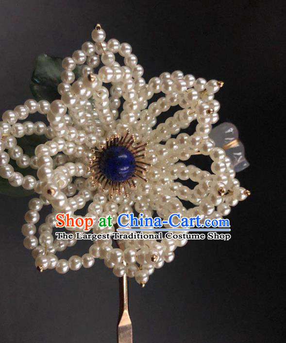 China Ancient Princess Pearls Peony Hairpin Traditional Ming Dynasty Lapis Hair Stick