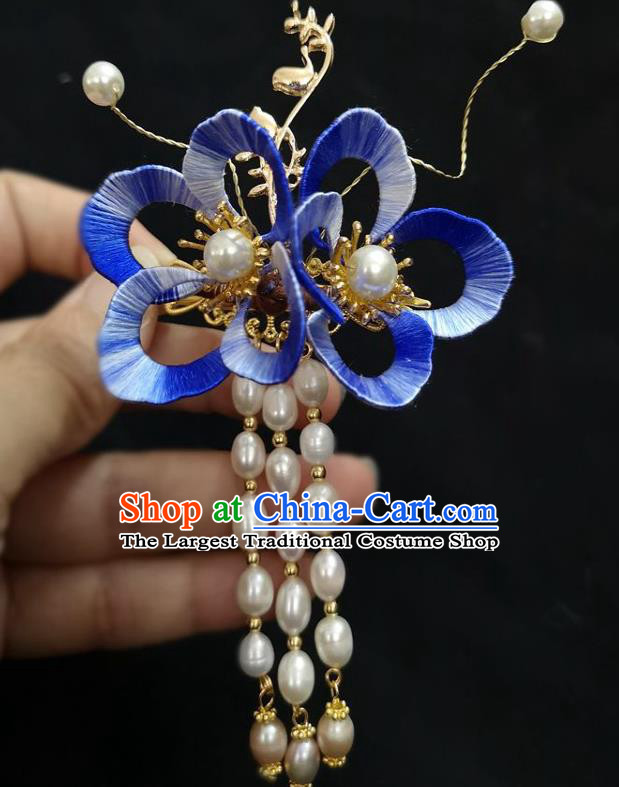 China Ming Dynasty Blue Silk Flower Hairpin Traditional Hanfu Hair Accessories Ancient Princess Pearls Tassel Hair Sticks