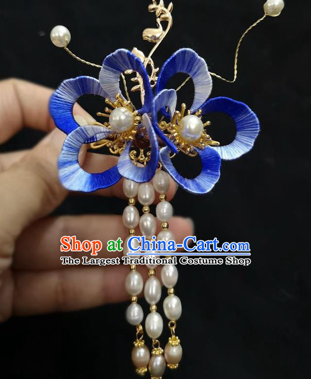 China Ming Dynasty Blue Silk Flower Hairpin Traditional Hanfu Hair Accessories Ancient Princess Pearls Tassel Hair Sticks