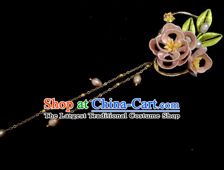 Handmade China Ancient Hanfu Pink Silk Peony Ear Accessories Ming Dynasty Princess Pearls Tassel Earrings Pendant