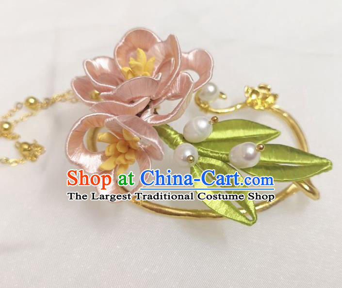 Handmade China Ancient Hanfu Pink Silk Peony Ear Accessories Ming Dynasty Princess Pearls Tassel Earrings Pendant