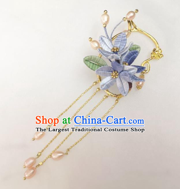 Handmade China Ming Dynasty Princess Pearls Tassel Earrings Pendant Ancient Hanfu Lilac Silk Flowers Ear Accessories