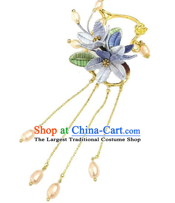 Handmade China Ming Dynasty Princess Pearls Tassel Earrings Pendant Ancient Hanfu Lilac Silk Flowers Ear Accessories