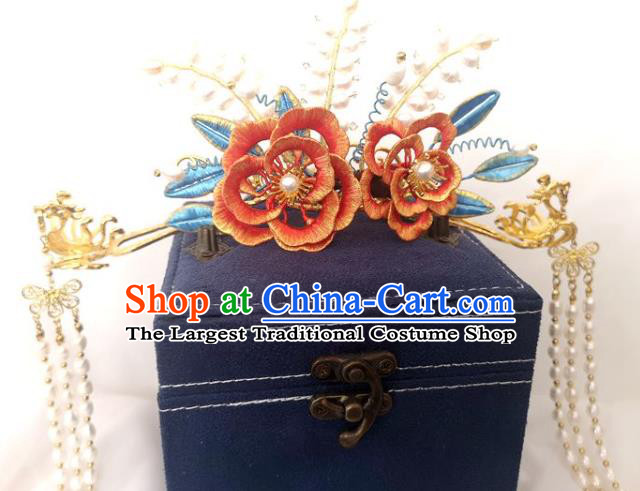 China Ming Dynasty Red Silk Peony Hairpin Traditional Hanfu Hair Accessories Ancient Princess Hair Crown