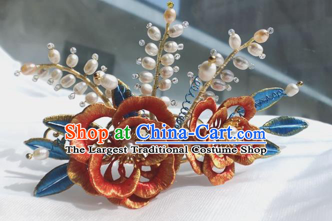 China Ming Dynasty Red Silk Peony Hairpin Traditional Hanfu Hair Accessories Ancient Princess Hair Crown