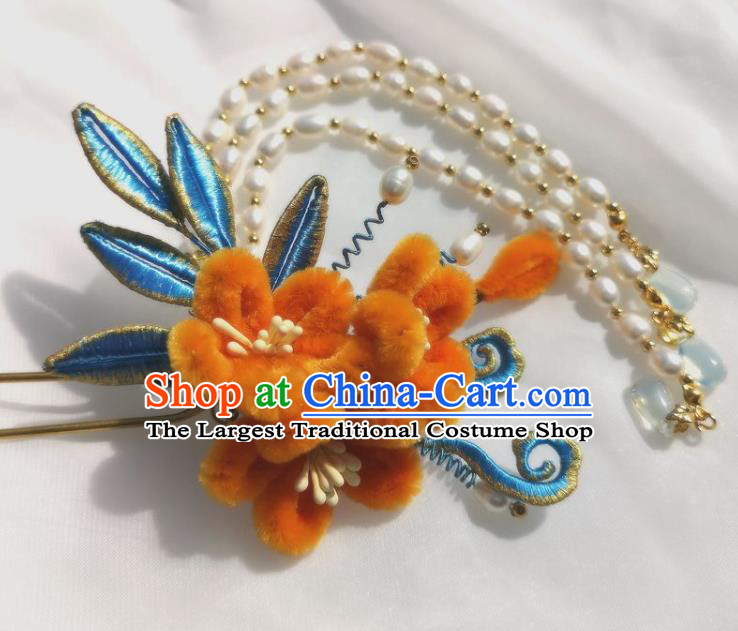 China Ming Dynasty Orange Velvet Plum Hairpin Traditional Hanfu Hair Accessories Ancient Princess Pearls Tassel Hair Stick