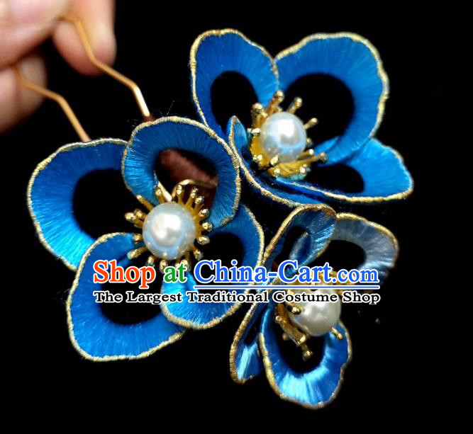 China Ming Dynasty Pearls Tassel Hairpin Traditional Hanfu Hair Accessories Ancient Princess Blue Silk Flower Hair Stick