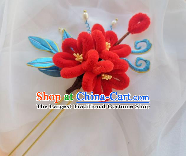 China Ming Dynasty Hairpin Traditional Hanfu Hair Accessories Ancient Princess Red Velvet Plum Hair Stick