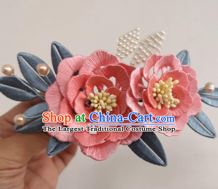 China Ming Dynasty Pink Silk Peony Hairpin Traditional Hanfu Hair Accessories Ancient Princess Flowers Hair Stick