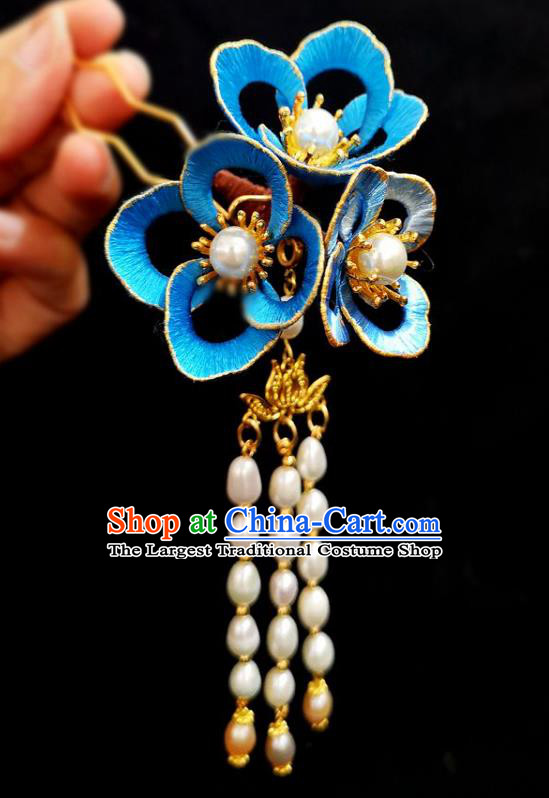 China Ming Dynasty Pearls Tassel Hairpin Traditional Hanfu Hair Accessories Ancient Princess Blue Silk Flower Hair Stick