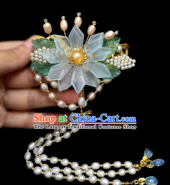 China Ming Dynasty White Ribbon Tassel Hairpin Traditional Hanfu Hair Accessories Ancient Princess Epiphyllum Hair Stick