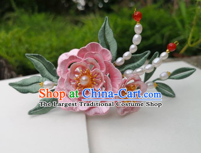 China Ancient Princess Pink Silk Peony Hairpin Traditional Hanfu Hair Accessories Ming Dynasty Pearls Hair Stick