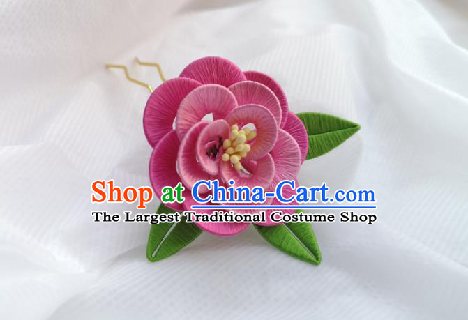 China Ming Dynasty Rosy Silk Peony Hair Stick Traditional Hanfu Hair Accessories Ancient Princess Hairpin