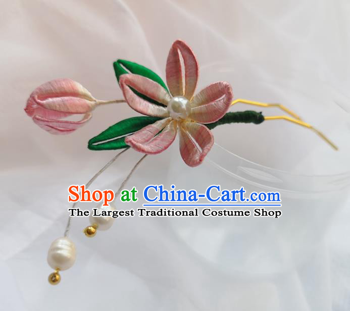 China Ming Dynasty Peach Blossom Hair Stick Traditional Hanfu Hair Accessories Ancient Princess Pink Silk Flowers Hairpin