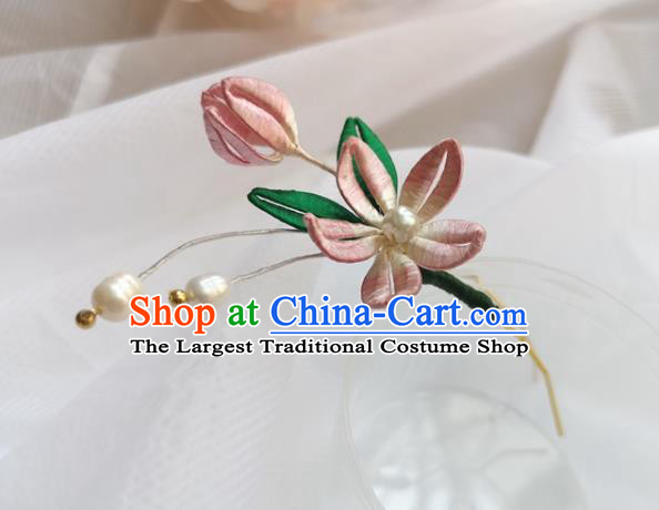 China Ming Dynasty Peach Blossom Hair Stick Traditional Hanfu Hair Accessories Ancient Princess Pink Silk Flowers Hairpin
