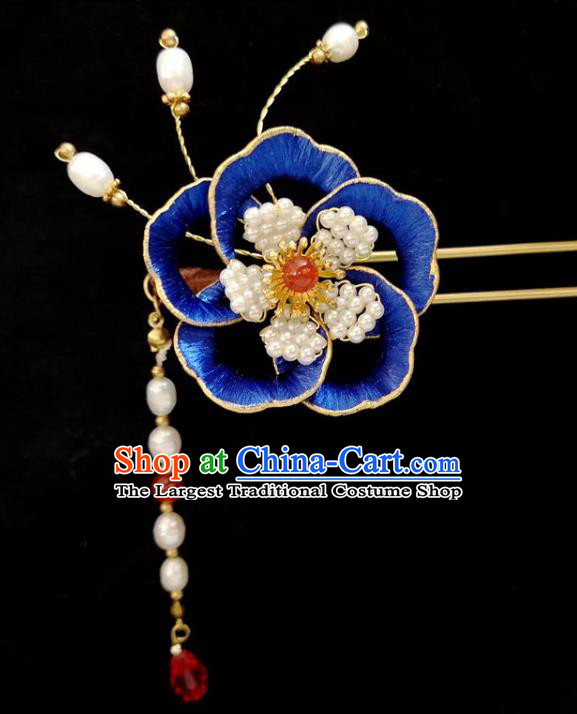China Ming Dynasty Blue Silk Peony Hairpin Traditional Hanfu Hair Accessories Ancient Princess Pearls Tassel Hair Stick