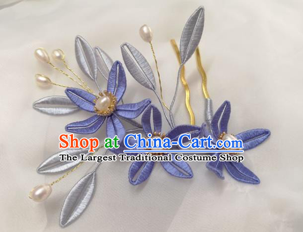 China Ming Dynasty Lilac Silk Flowers Hairpin Traditional Hanfu Hair Accessories Ancient Princess Pearls Hair Comb