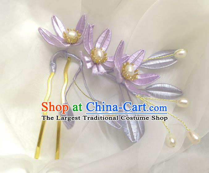 China Traditional Hanfu Hair Accessories Ancient Princess Pearls Hair Comb Ming Dynasty Lilac Silk Flowers Hairpin