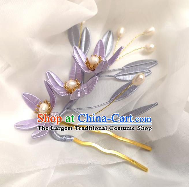 China Traditional Hanfu Hair Accessories Ancient Princess Pearls Hair Comb Ming Dynasty Lilac Silk Flowers Hairpin